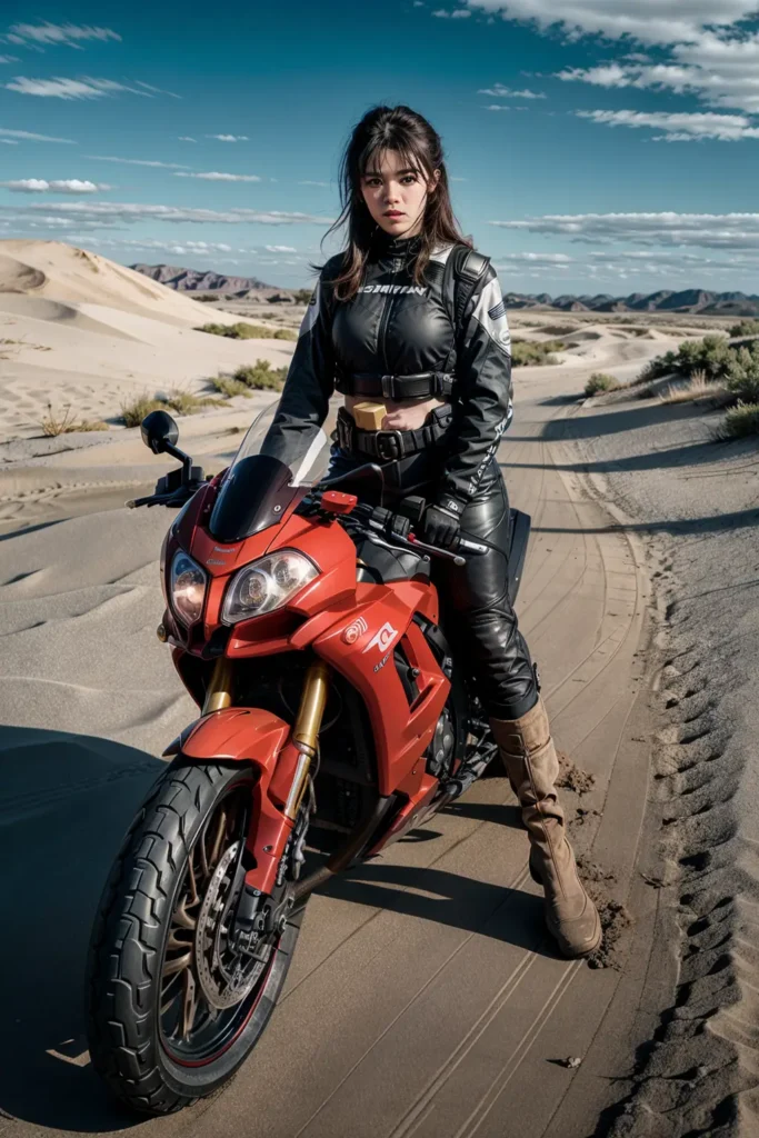 Biker girl on a bike wearing Protective Racing Suit and High Boots in the Desert