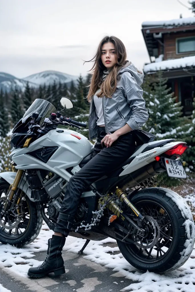 Biker girl sitting on the bike wearing Hooded Bomber Jacket and Cargo Pants in a snowy mountain area