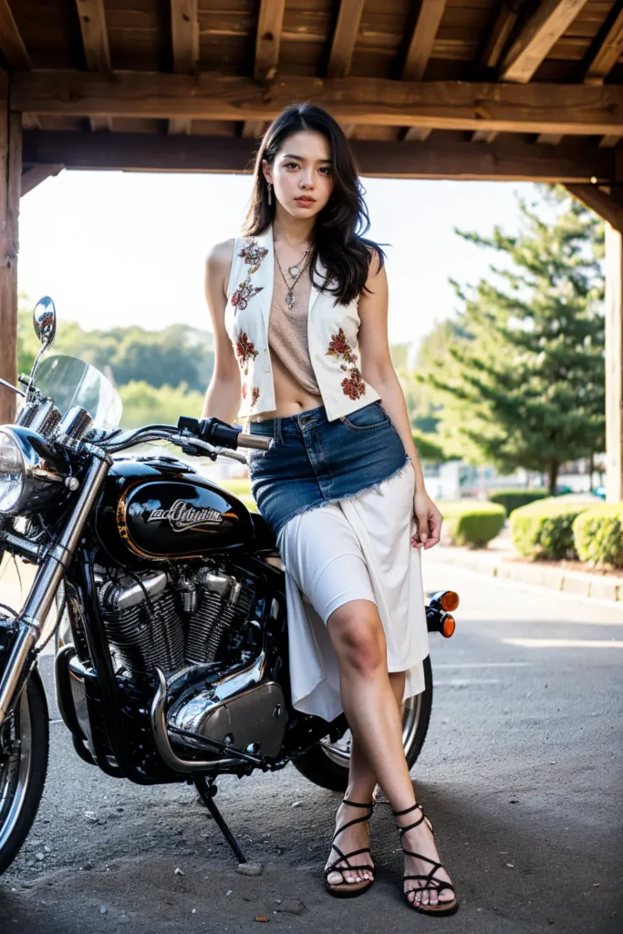 Biker girl wearing Embroidered Vest and Split Skirt Combo 