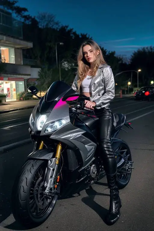 Biker girl wearing Metallic Silver Jacket and Sleek black Leather Pants and sitting on the heavy bike