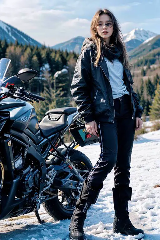 Biker girl wearing Puffer Jacket and Track Pants with black suit