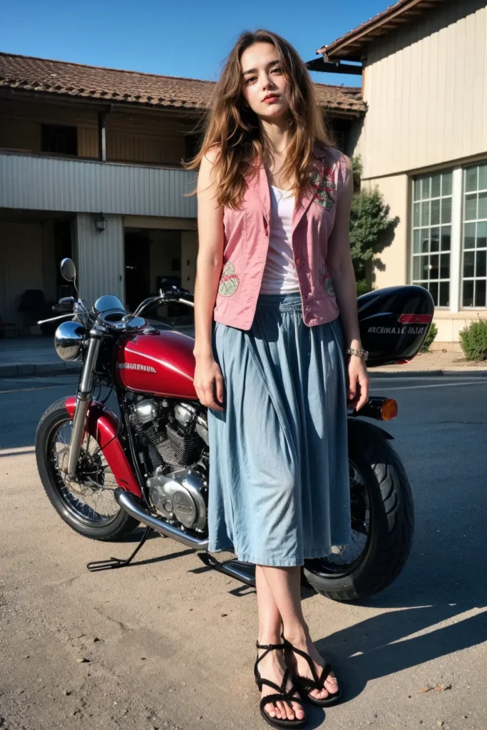 Biker girl wearing Retro Denim Breeze with Pastel Vest and Midi Skirt Pairing