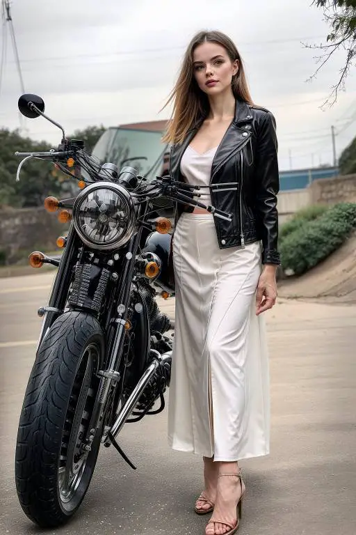 girl standing next to a motorcycle wearing Classic Black Biker Jacket with Satin Ivory Skirt