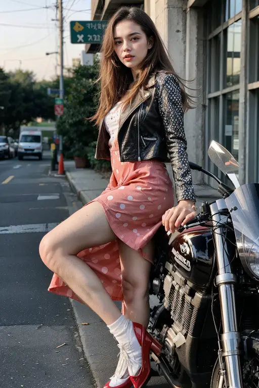 girl wearing a Polka Dot Dress and Leather Jacket while leaning against a motorcycle
