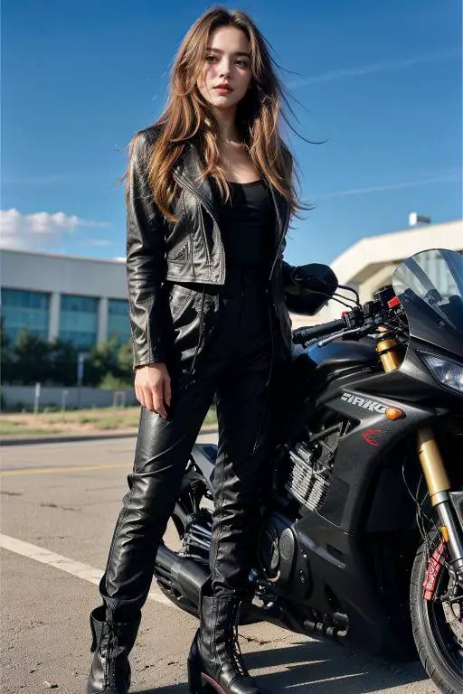 girl wearing All-Black Leather Ensemble and standing next to a motorbike 