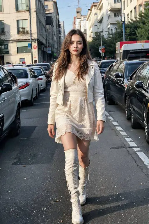 girl wearing Lace Dress and Knee-High Boots in a walking pose