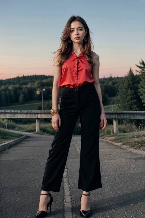 Girl wearing Red Silk Blouse and Black Tailored Trousers with black high heels