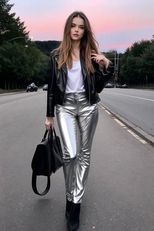 Girl wearing Timeless Black Jacket and Shimmering Silver Trousers with black bag in hand in a walking pose