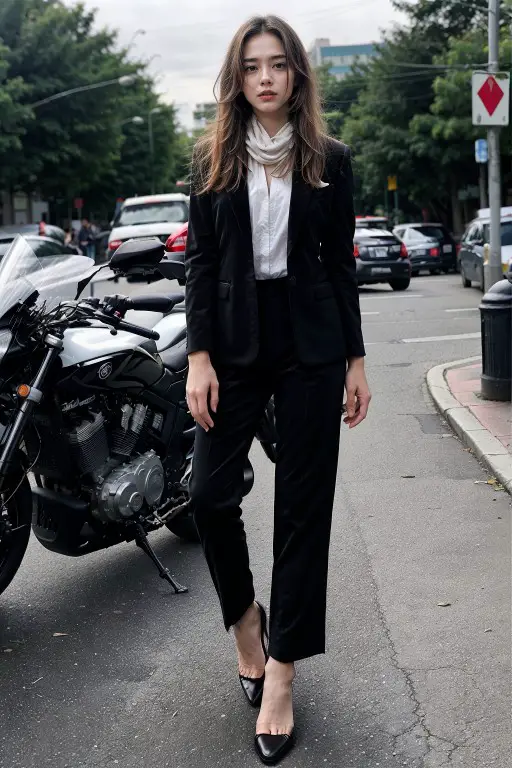 young female wearing Tailored Black Suit and Silk Scarf