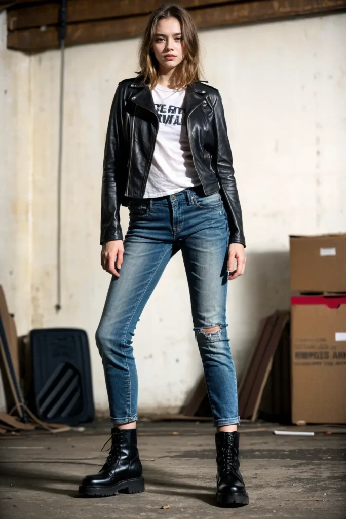 girl wearing Leather Jacket and Ripped Jeans with white tee