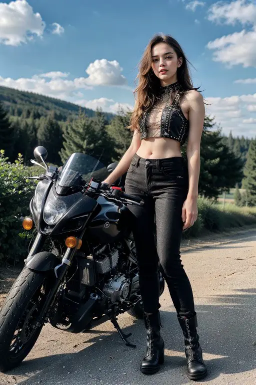 young female biker wearing Studded Crop Top and Skinny Jeans