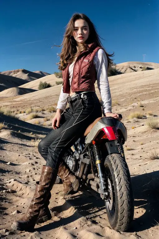 biker girl wearing Puffer Vest and Rugged Boots while leaning against a motorcycle