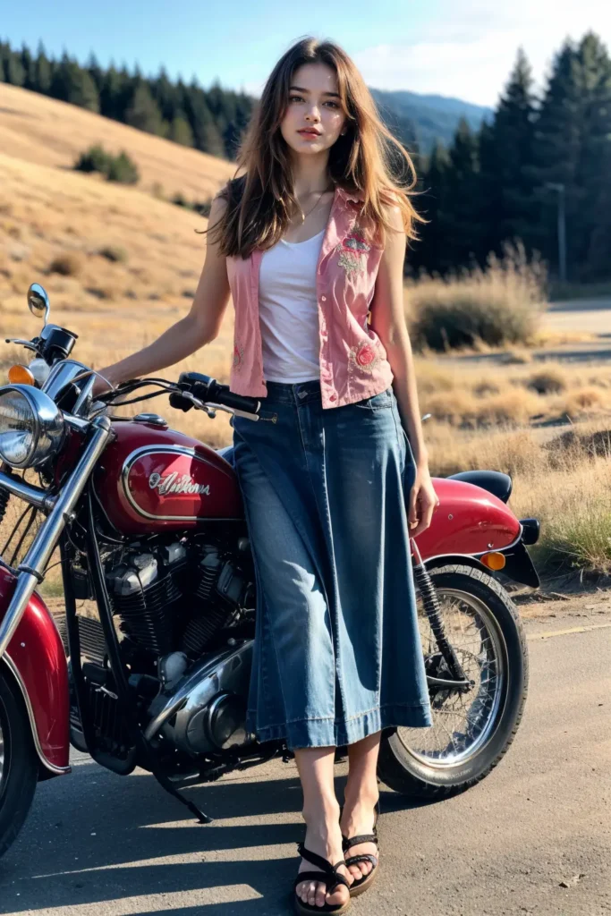 Bohemian Casual Look - Pink vest, denim culottes, Motorcycle Outfit