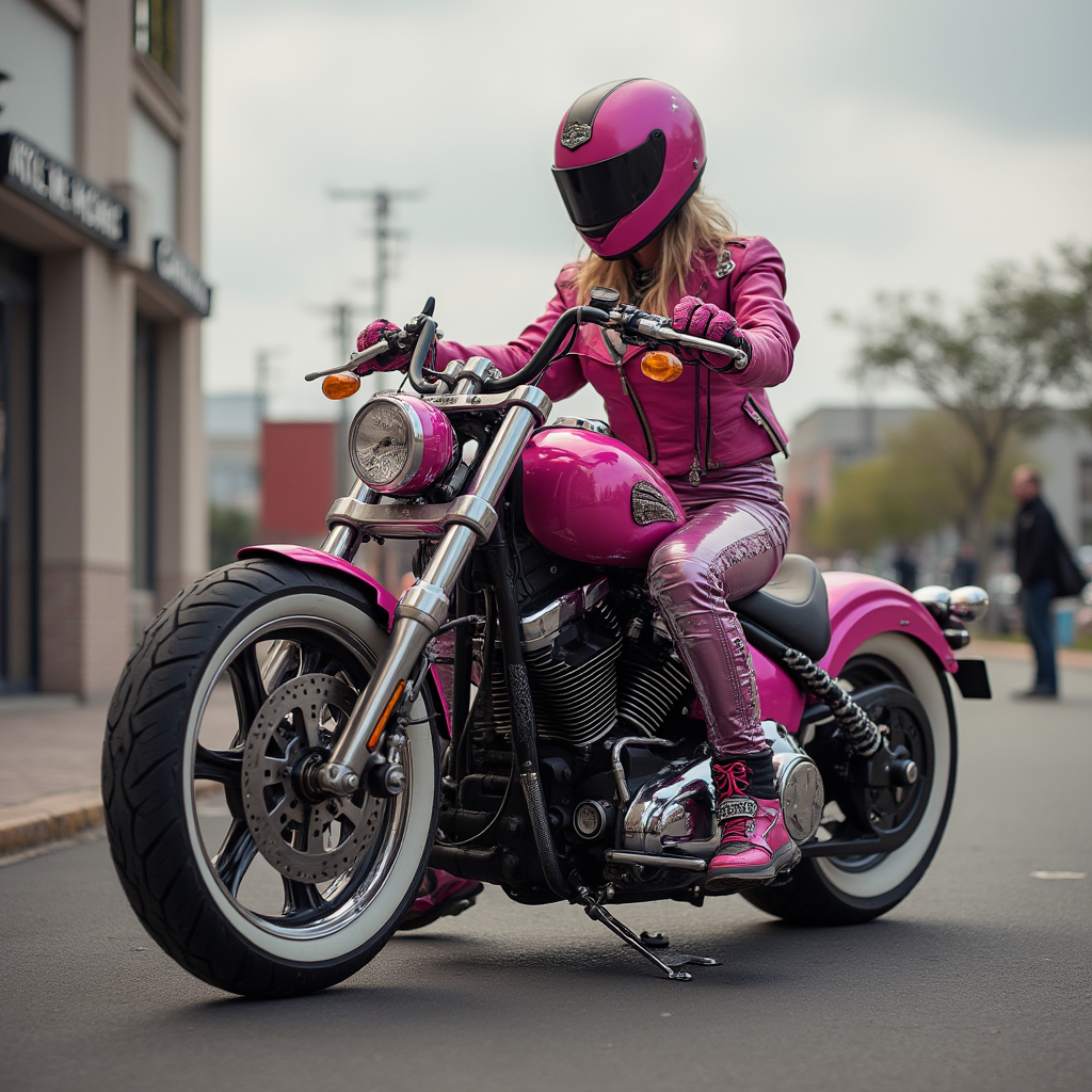 girl wearing a pink helmet and pink biker suit sitting on a Harley-Davidson Softail Pink custom motorcycle 