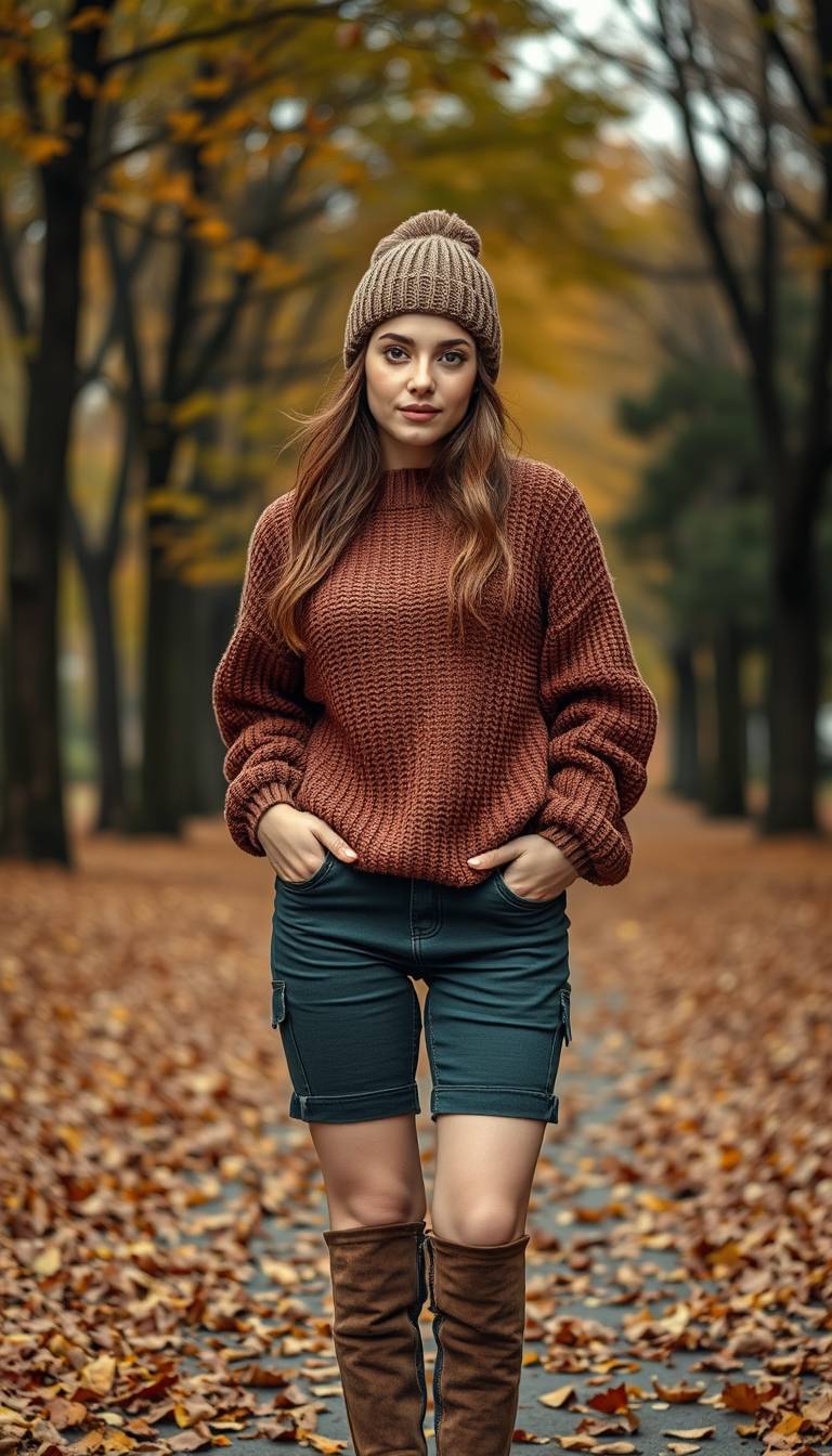 Female model wearing dark green biker shorts paired with an oversized brown knit sweater and knee-high boots, perfect for a cozy and stylish fall outfit.