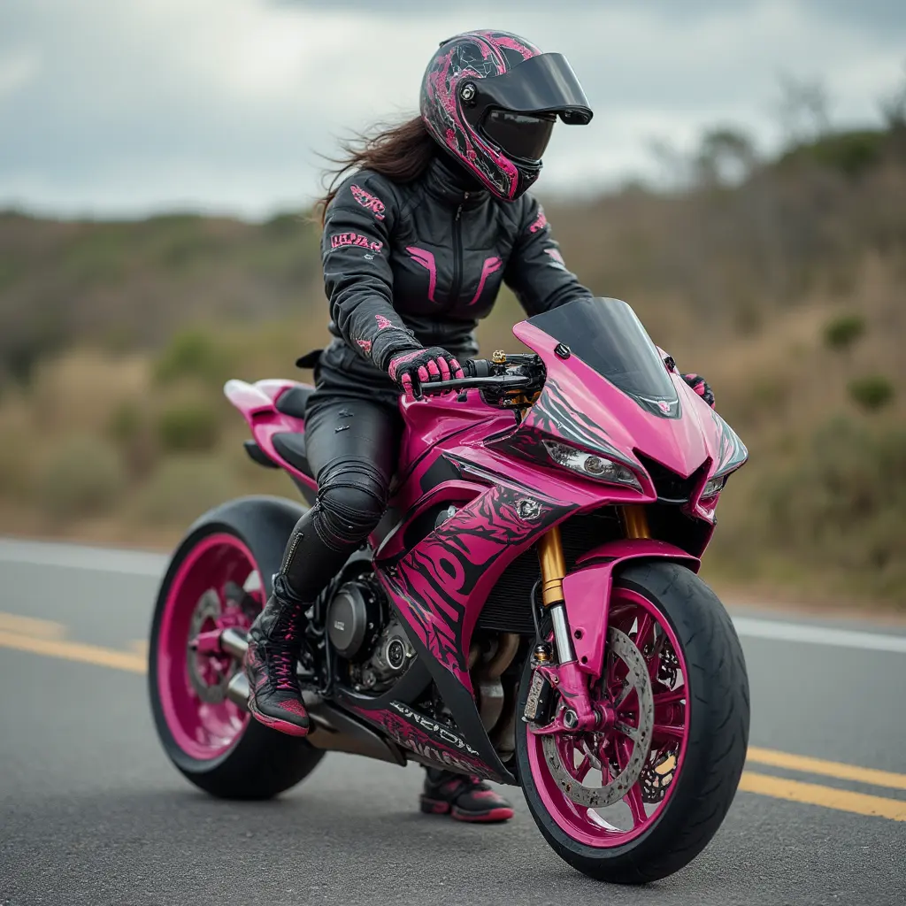 girl riding a Yamaha R1 in Pink color with pink helmet 