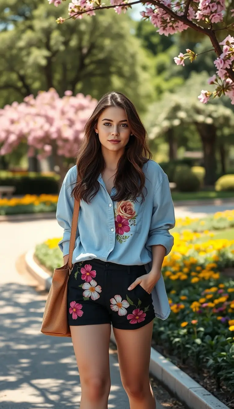 Female model wearing a light blue oversized shirt paired with black biker shorts featuring floral embroidery.