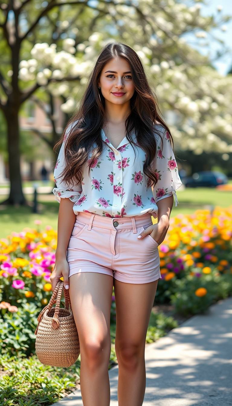 Female model wearing a floral blouse paired with pastel pink biker shorts, accessorized with a woven straw bag, capturing a fresh and feminine style perfect for spring or summer outings.